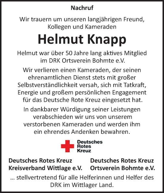 Traueranzeige von Helmut Knapp von Neue Osnabrücker Zeitung GmbH & Co. KG