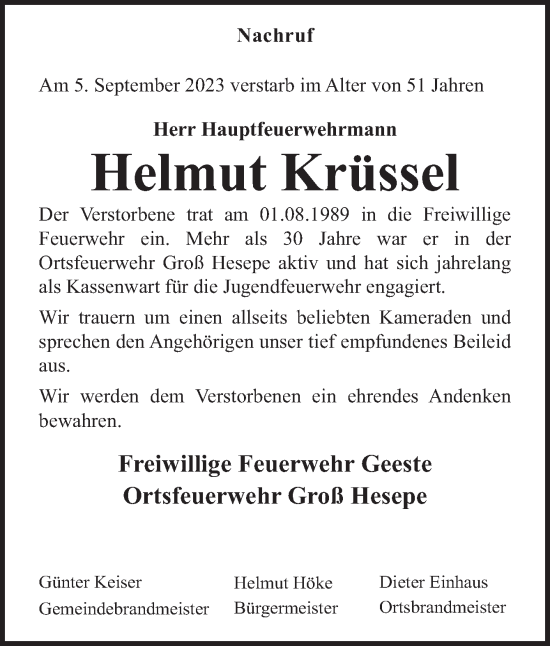 Traueranzeige von Helmut Krüssel von Neue Osnabrücker Zeitung GmbH & Co. KG