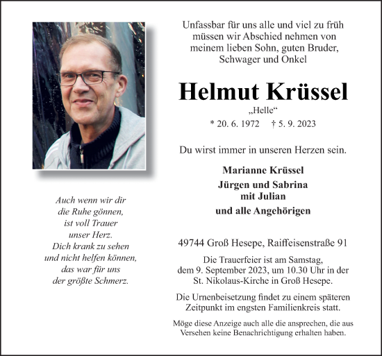 Traueranzeige von Helmut Krüssel von Neue Osnabrücker Zeitung GmbH & Co. KG