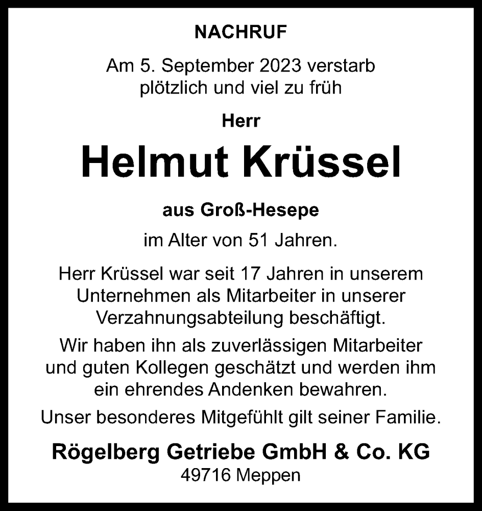  Traueranzeige für Helmut Krüssel vom 08.09.2023 aus Neue Osnabrücker Zeitung GmbH & Co. KG