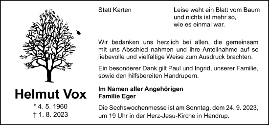 Traueranzeige von Helmut Vox von Neue Osnabrücker Zeitung GmbH & Co. KG