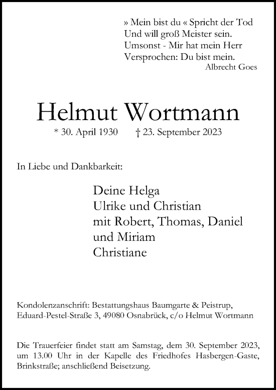 Traueranzeige von Helmut Wortmann von Neue Osnabrücker Zeitung GmbH & Co. KG