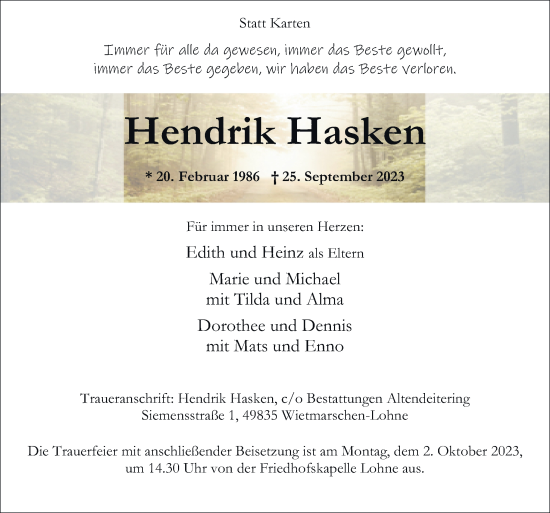 Traueranzeige von Hendrik Hasken von Neue Osnabrücker Zeitung GmbH &amp; Co. KG
