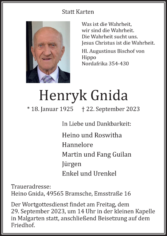 Traueranzeige von Henryk Gnida von Neue Osnabrücker Zeitung GmbH & Co. KG