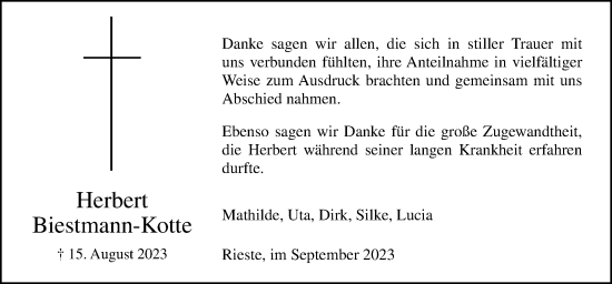 Traueranzeige von Herbert Biestmann-Kotte von Neue Osnabrücker Zeitung GmbH & Co. KG