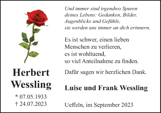Traueranzeige von Herbert Wessling von Neue Osnabrücker Zeitung GmbH & Co. KG