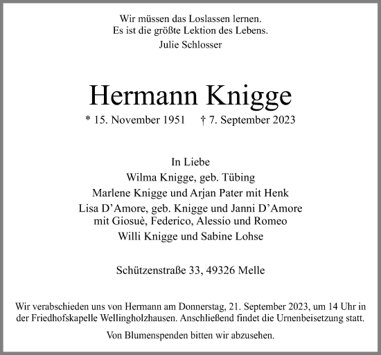 Traueranzeigen von Hermann Knigge noz Trauerportal