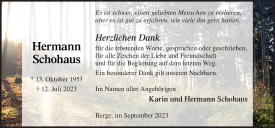 Traueranzeige von Hermann Schohaus von Neue Osnabrücker Zeitung GmbH & Co. KG