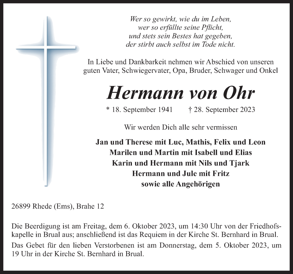  Traueranzeige für Hermann von Ohr vom 30.09.2023 aus Neue Osnabrücker Zeitung GmbH & Co. KG