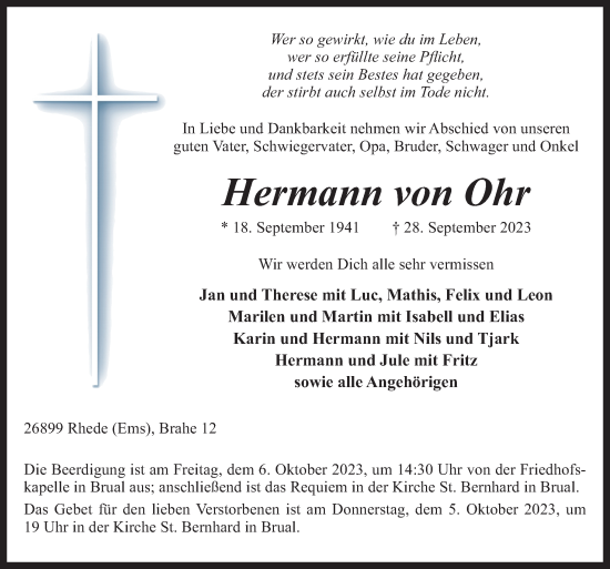 Traueranzeige von Hermann von Ohr von Neue Osnabrücker Zeitung GmbH & Co. KG