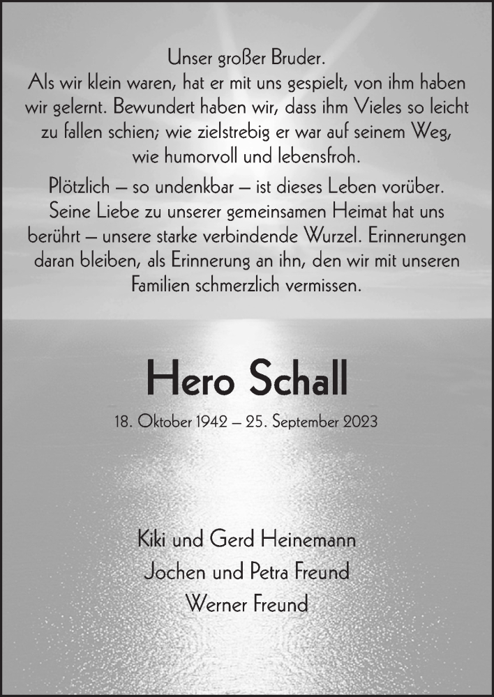  Traueranzeige für Hero Schall vom 30.09.2023 aus Neue Osnabrücker Zeitung GmbH & Co. KG