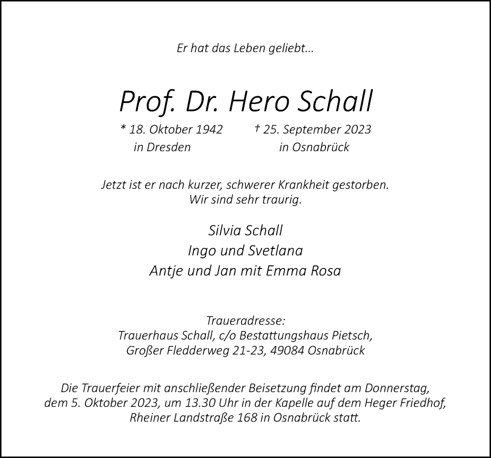  Traueranzeige für Hero Schall vom 30.09.2023 aus Neue Osnabrücker Zeitung GmbH & Co. KG