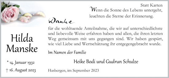 Traueranzeige von Hilda Manske von Neue Osnabrücker Zeitung GmbH & Co. KG