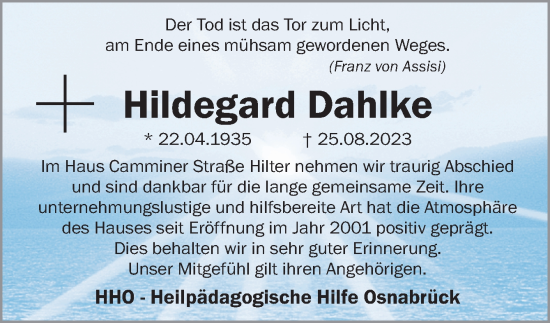 Traueranzeige von Hildegard Dahlke von Neue Osnabrücker Zeitung GmbH & Co. KG