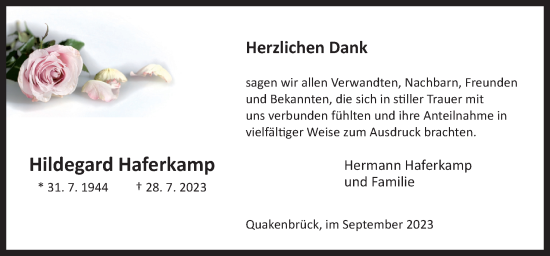 Traueranzeige von Hildegard Haferkamp von Neue Osnabrücker Zeitung GmbH & Co. KG