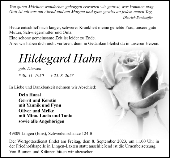 Traueranzeige von Hildegard Hahn von Neue Osnabrücker Zeitung GmbH & Co. KG