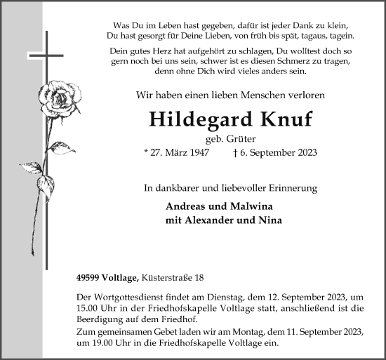 Traueranzeige von Hildegard Knuf von Neue Osnabrücker Zeitung GmbH & Co. KG