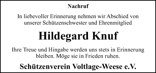 Traueranzeige von Hildegard Knuf von Neue Osnabrücker Zeitung GmbH & Co. KG