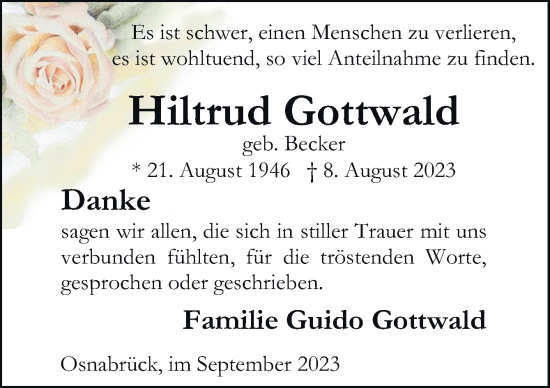 Traueranzeige von Hiltrud Gottwald von Neue Osnabrücker Zeitung GmbH & Co. KG