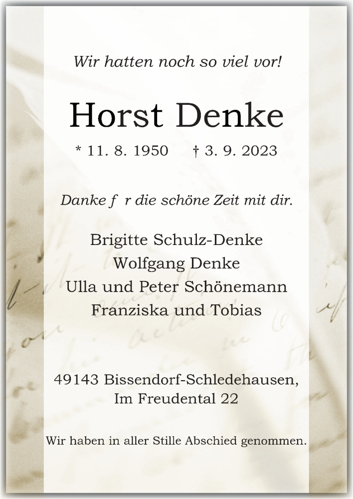  Traueranzeige für Horst Denke vom 16.09.2023 aus Neue Osnabrücker Zeitung GmbH & Co. KG