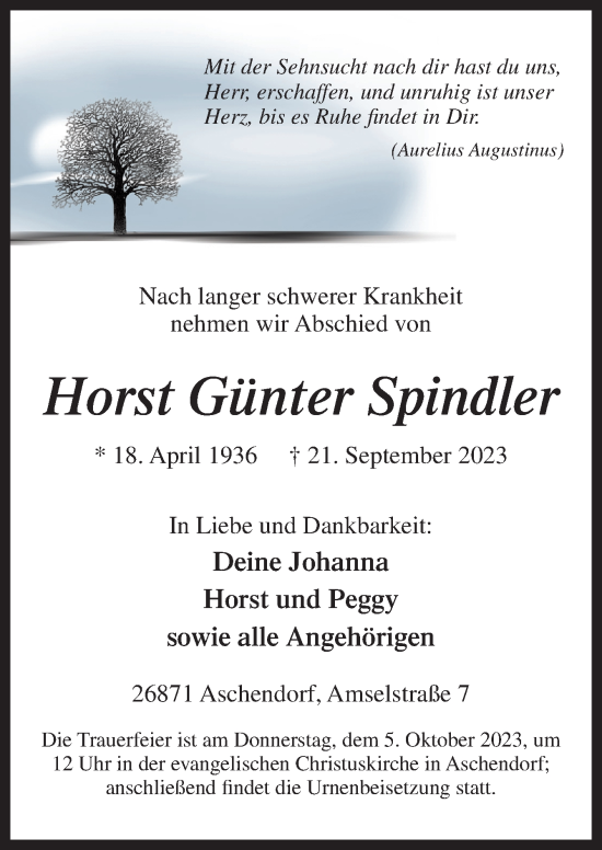 Traueranzeige von Horst Günter Spindler von Neue Osnabrücker Zeitung GmbH & Co. KG