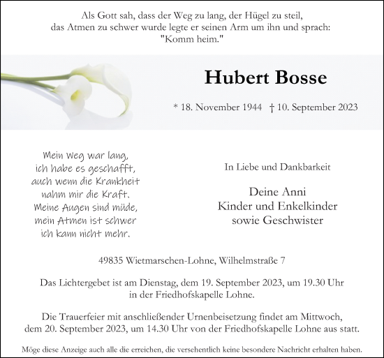 Traueranzeige von Hubert Bosse von Neue Osnabrücker Zeitung GmbH & Co. KG