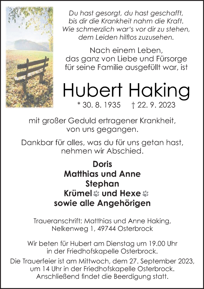  Traueranzeige für Hubert Haking vom 25.09.2023 aus Neue Osnabrücker Zeitung GmbH & Co. KG