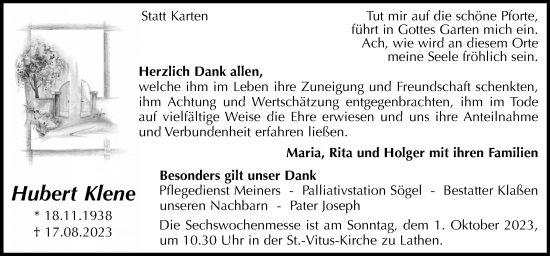 Traueranzeige von Hubert Klene von Neue Osnabrücker Zeitung GmbH & Co. KG