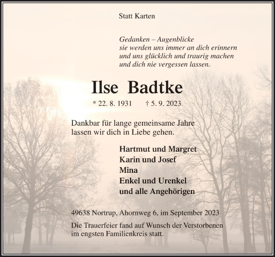 Traueranzeige von Ilse Badtke von Neue Osnabrücker Zeitung GmbH & Co. KG