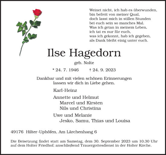 Traueranzeige von Ilse Hagedorn von Neue Osnabrücker Zeitung GmbH & Co. KG