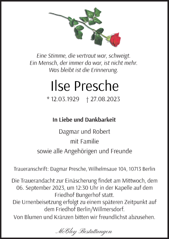 Traueranzeige von Ilse Presche von DK Medien GmbH & Co. KG