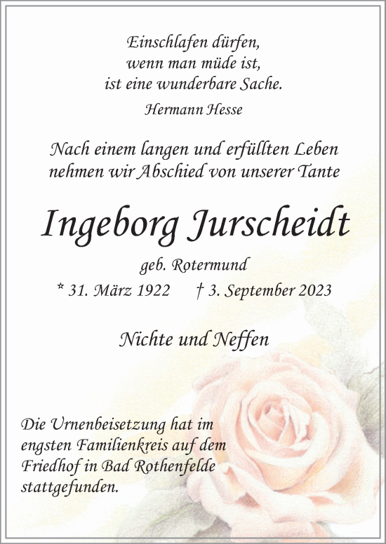 Traueranzeige von Ingeborg Jurscheidt von Neue Osnabrücker Zeitung GmbH & Co. KG