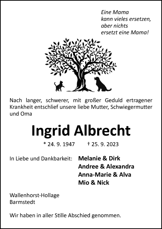 Traueranzeige von Ingrid Albrecht von Neue Osnabrücker Zeitung GmbH & Co. KG