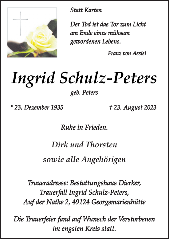Traueranzeige von Ingrid Schulz-Peters von Neue Osnabrücker Zeitung GmbH & Co. KG