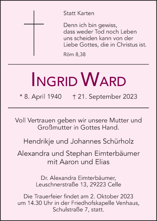Traueranzeige von Ingrid Ward von Neue Osnabrücker Zeitung GmbH & Co. KG