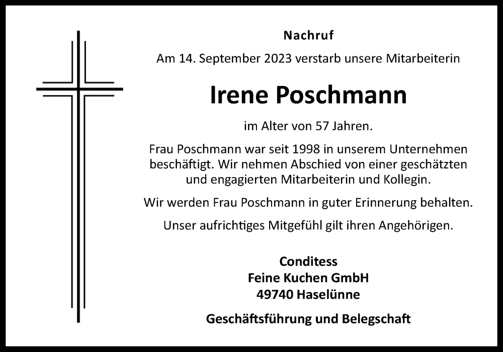  Traueranzeige für Irene Poschmann vom 29.09.2023 aus Neue Osnabrücker Zeitung GmbH & Co. KG
