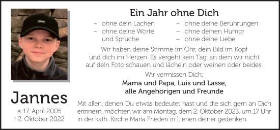 Traueranzeige von Jannes Ellßel von Neue Osnabrücker Zeitung GmbH & Co. KG