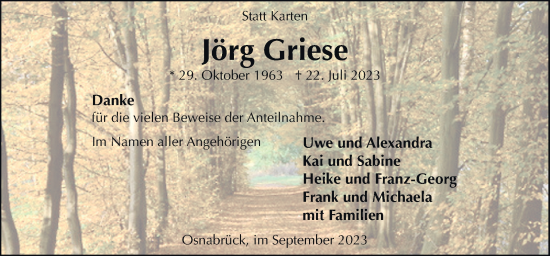 Traueranzeige von Jörg Griese von Neue Osnabrücker Zeitung GmbH & Co. KG