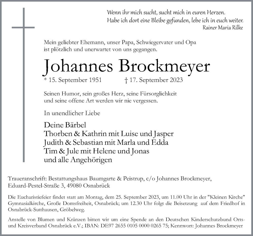  Traueranzeige für Johannes Brockmeyer vom 23.09.2023 aus Neue Osnabrücker Zeitung GmbH & Co. KG