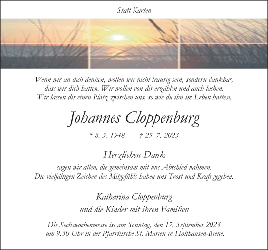 Traueranzeige von Johannes Cloppenburg von Neue Osnabrücker Zeitung GmbH & Co. KG
