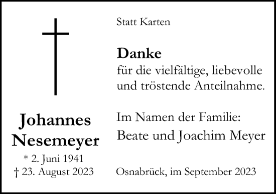 Traueranzeige von Johannes Nesemeyer von Neue Osnabrücker Zeitung GmbH & Co. KG