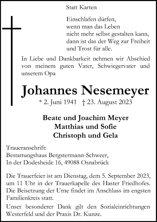 Traueranzeige von Johannes Nesemeyer von Neue Osnabrücker Zeitung GmbH & Co. KG