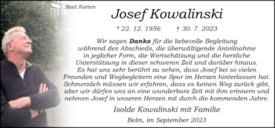 Traueranzeige von Josef Kowalinski von Neue Osnabrücker Zeitung GmbH & Co. KG