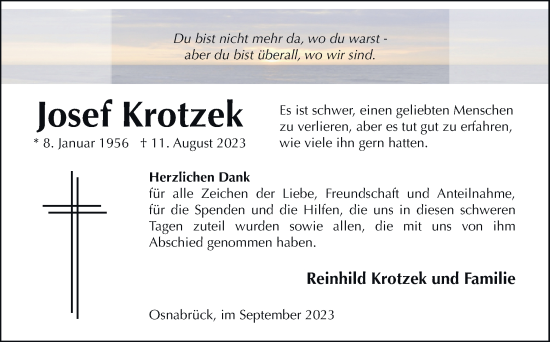 Traueranzeige von Josef Krotzek von Neue Osnabrücker Zeitung GmbH & Co. KG