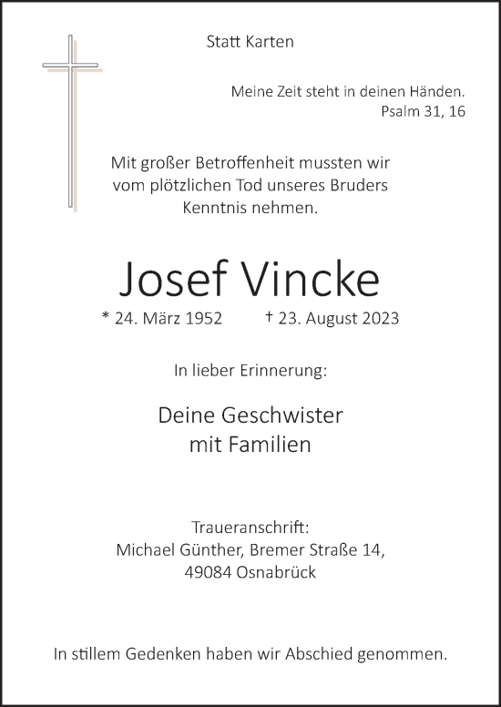 Traueranzeige von Josef Vincke von Neue Osnabrücker Zeitung GmbH & Co. KG