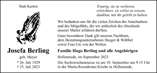 Traueranzeige von Josefa Berling von Neue Osnabrücker Zeitung GmbH & Co. KG