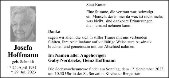 Traueranzeige von Josefa Hoffmann von Neue Osnabrücker Zeitung GmbH & Co. KG