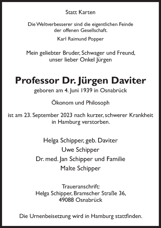 Traueranzeige von Jürgen Daviter von Neue Osnabrücker Zeitung GmbH & Co. KG