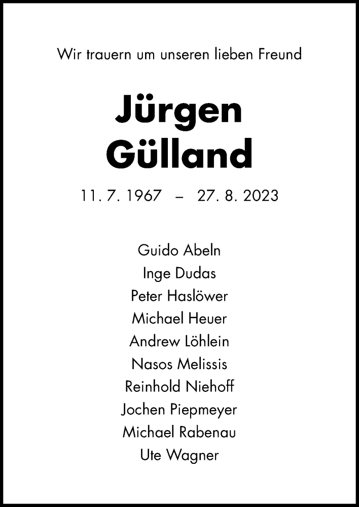  Traueranzeige für Jürgen Gülland vom 09.09.2023 aus Neue Osnabrücker Zeitung GmbH & Co. KG