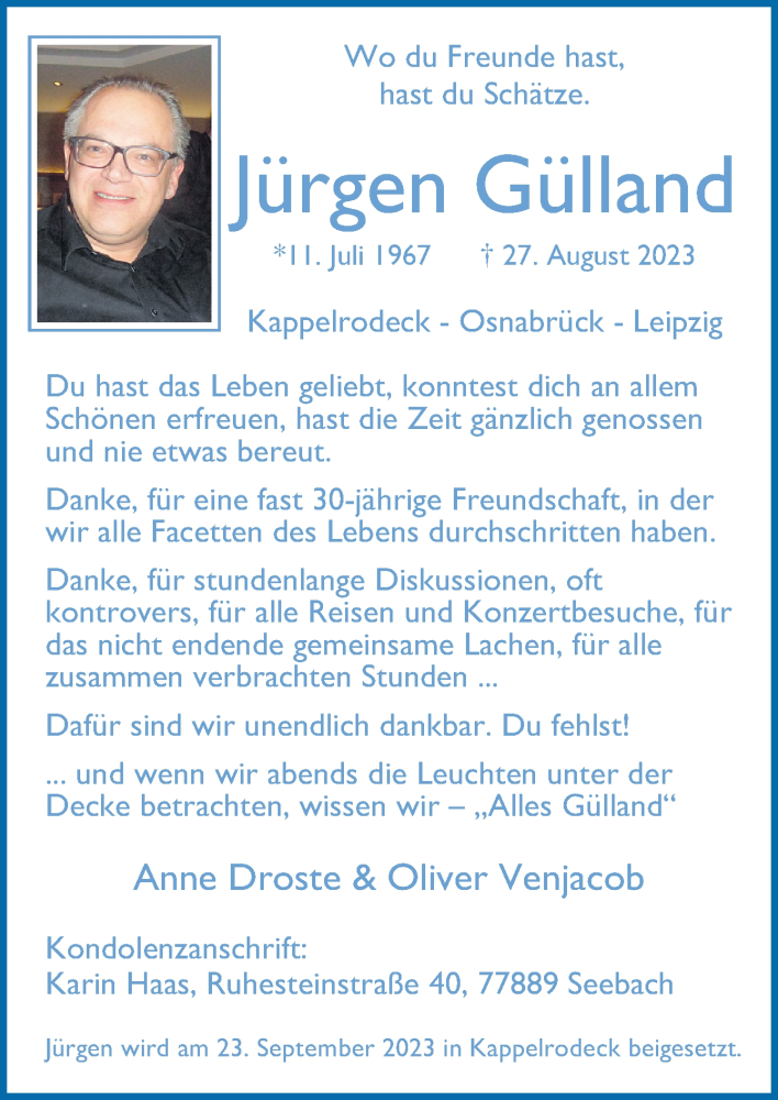  Traueranzeige für Jürgen Gülland vom 09.09.2023 aus Neue Osnabrücker Zeitung GmbH & Co. KG